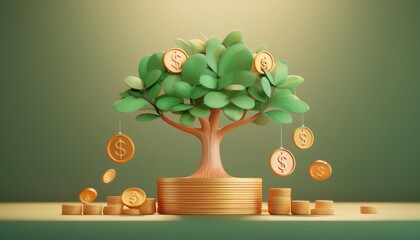 A stylized tree with green leaves and golden coins represents prosperity and financial growth against a soft green background.
