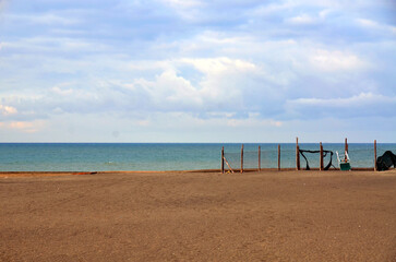 Sunny morning at the beach with sea