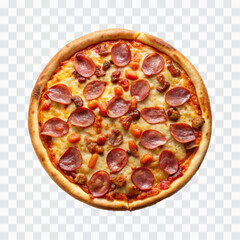 delicious pizza with ham and bacon slices, mozzarella cubes, tomatoes, bell pepper png design 