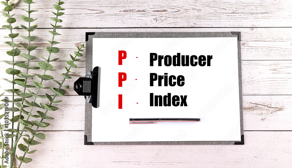 Poster clipboard with producer price index text next to a pen and eucalyptus branch on a white wooden backg