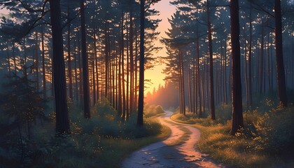 Forest Path Illuminated by the Fading Light of Twilight with Trees Silhouetted Against the Sky