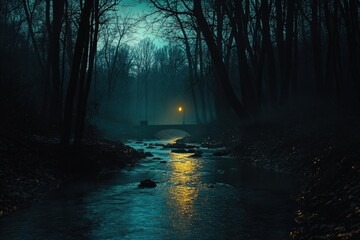 Fototapeta premium A serene forest scene with a small stream running through it under the stars at night