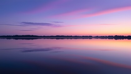Serene Lakeside at Twilight with Soft Purple and Pink Reflections on the Water