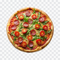 delicious pizza with ham and bacon slices, mozzarella cubes, tomatoes, bell pepper png design 