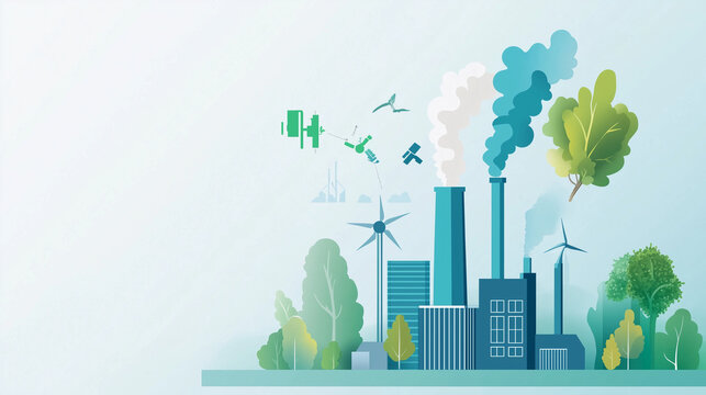 Visual representation of carbon emissions decreasing over time, with industries shifting to green technologies, SustainableClimateVisuals, sustainability, climate action, environme
