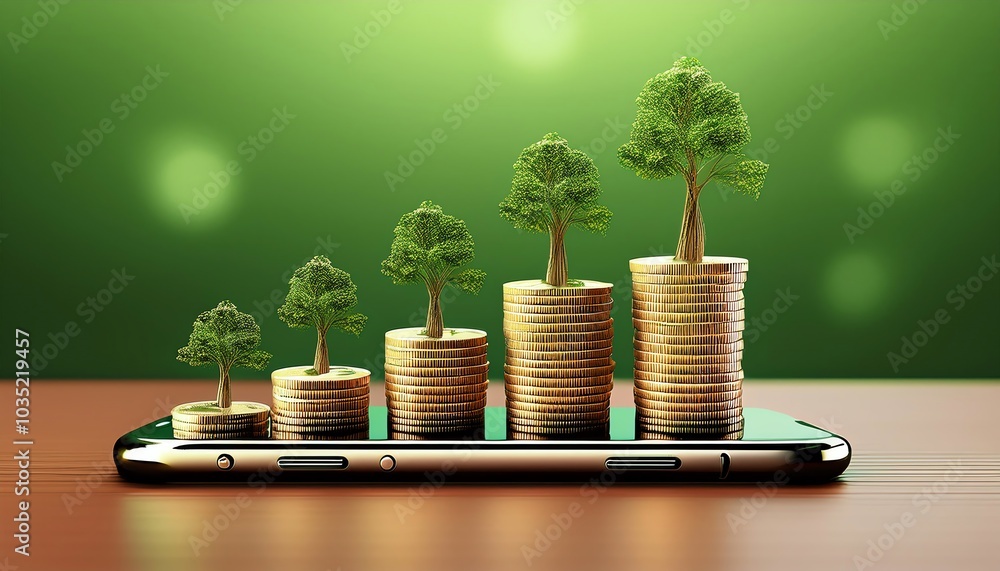Poster a smartphone displaying growing stacks of coins with small trees on top, symbolizing financial growt