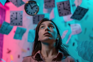 A woman stands in front of a wall filled with clocks, representing time and its significance