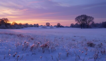 Snow-Covered Field at Twilight with Soft Lavender Hues Illuminating the Sky