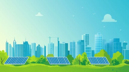 Urban skyline with solar panels under a blue sky, showcasing renewable energy and eco-friendly design