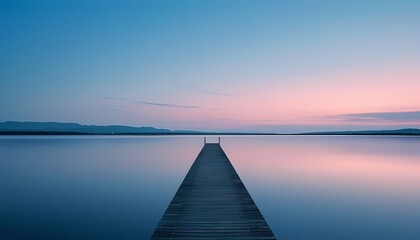 Lonely Pier Extending Into a Calm Lake at Twilight with Soft Blue and Pink Tones in the Sky