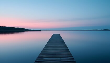 Lonely Pier Extending Into a Calm Lake at Twilight with Soft Blue and Pink Tones in the Sky