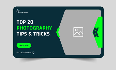 Trendy photography daily tips and tricks video thumbnail banner design, daily photography learning tips and techniques video cover banner design, editable vector eps 10 file format