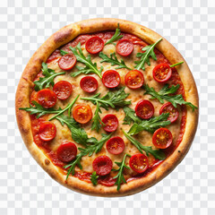 delicious pizza with ham and bacon slices, mozzarella cubes, tomatoes, bell pepper png design 