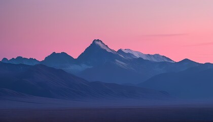 Mountain Range at Twilight with the Sky Gradually Transitioning from Pink to Purple