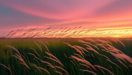 Twilight Over a Field of Tall Grasses with Soft Wind Creating Gentle Movement
