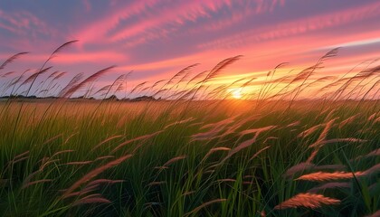 Twilight Over a Field of Tall Grasses with Soft Wind Creating Gentle Movement