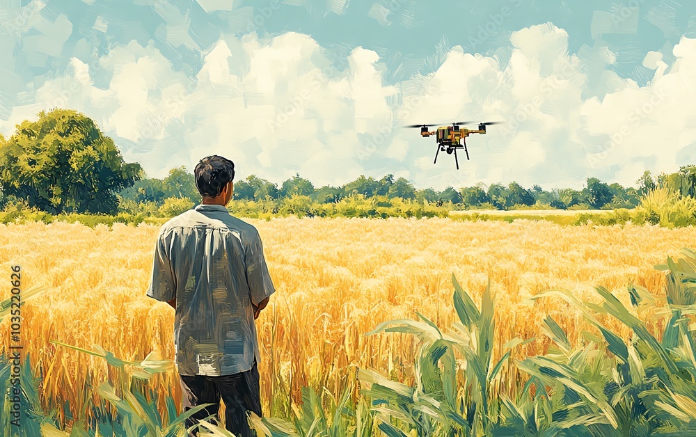 Poster indian farmer utilizing a drone to distribute fertilizer evenly across a large farm field, symbolizi