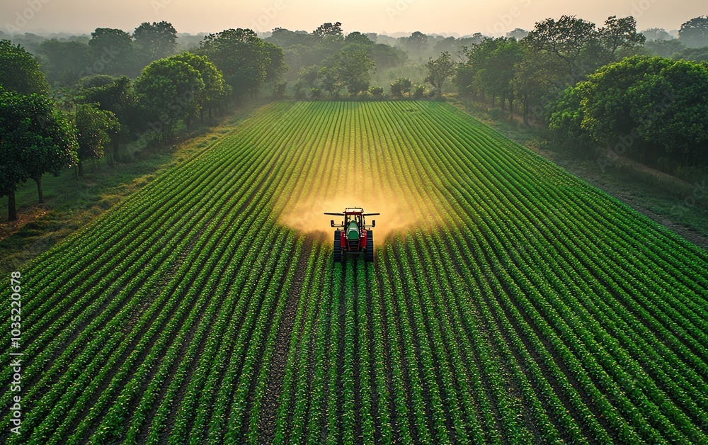 Poster indian farmer utilizing a drone to distribute fertilizer evenly across a large farm field, symbolizi