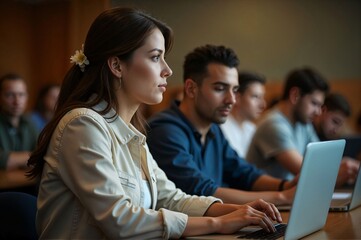 Focused Students Using Laptops During Classroom Lecture