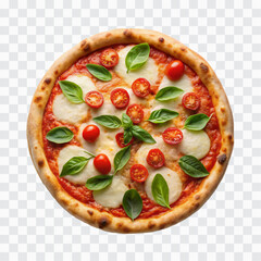 delicious pizza with ham and bacon slices, mozzarella cubes, tomatoes, bell pepper png design 