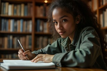 Focused Student Writing in Library Study Session
