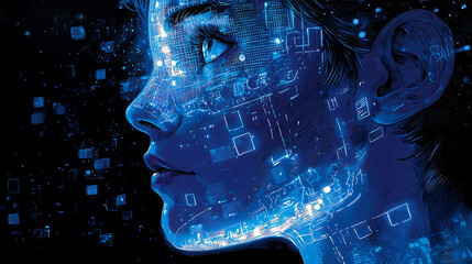 Digital Portrait of a Human with Circuitry Overlay