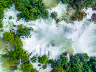 Aerial view of Ban Gioc Detian waterfall in Vietnam China border. The most beautiful and largest waterfall in Southeast Asia.