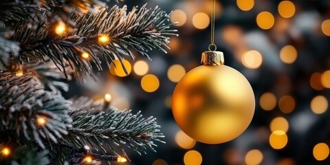 Golden Ornament on Christmas Tree with Bokeh Lights