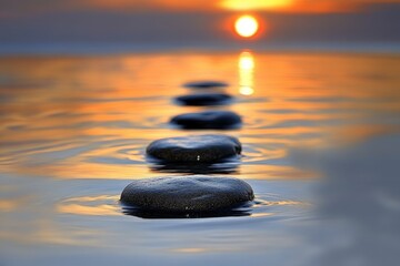 Pebbles stacked on calm water at sunset symbolizing harmony balance and tranquility in a serene natural setting