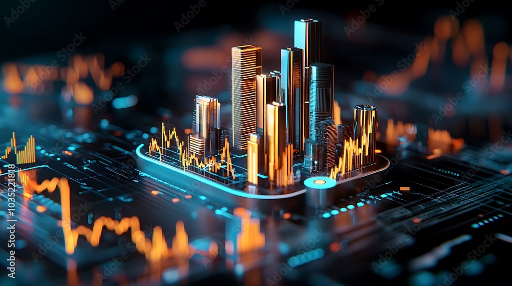 Poster a stunning digital cityscape showcasing advanced data visualization with dynamic graphs and charts, 