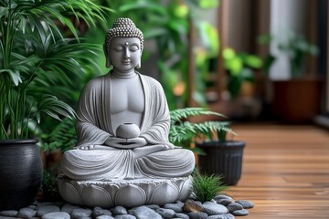 Buddha statue in a tranquil indoor garden with plants symbolizing peace mindfulness and spiritual energy in a serene natural setting