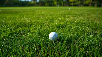 Close-up image of a white golf ball on a green fairway, showcasing a well-kept golf course with a leisurely atmosphere, few trees, and a blue sky.