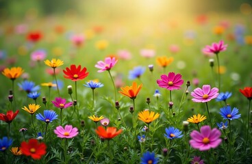 Fototapeta premium Beautiful Garden of Vibrant Cosmos Flowers in Full Bloom—A Colorful Landscape of Nature's Bounty