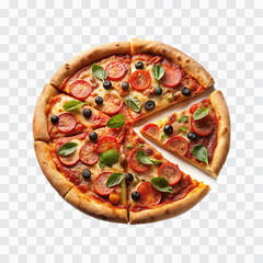 delicious pizza with ham and bacon slices, mozzarella cubes, tomatoes, bell pepper png design 