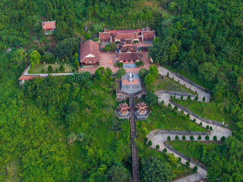Aerial view of Truc Lam Phat Tich pagoda close to the Ban Gioc waterfall in Northern Vietnam