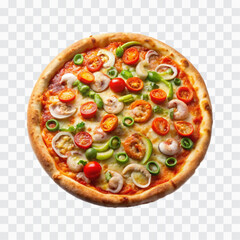 delicious pizza with ham and bacon slices, mozzarella cubes, tomatoes, bell pepper png design 