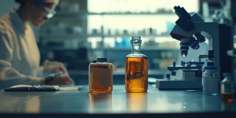 A scientist or researcher examining a bottle of alchohol, possibly for chemical composition or testing purposes