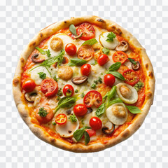 delicious pizza with ham and bacon slices, mozzarella cubes, tomatoes, bell pepper png design 