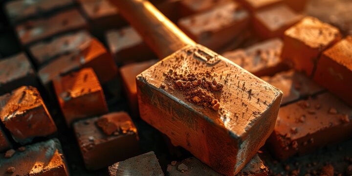 A close-up shot of a wooden block with a hammer stuck in it, great for DIY or construction-related projects