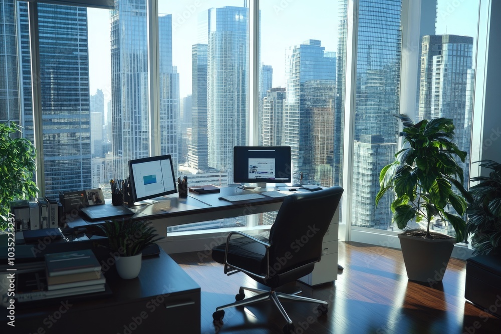 Poster two computers sit on a desk in front of a window, with a plant adding some greenery to the space