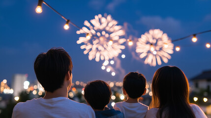 Family watching fireworks from their home during a festival, lights illuminating faces, sense of wonder, FamiliesInJapan, leisure time, celebration, shared experience