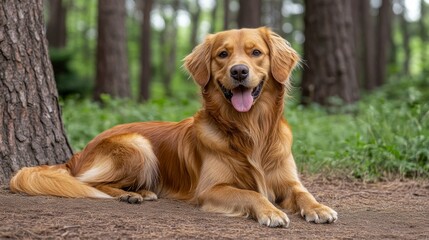 Obraz premium Golden Retriever Dog Lying in Forest Happy Pet Nature Background