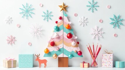 Fototapeta premium Colorful decorative Christmas tree crafted from paper stands against a light wall adorned with snowflakes and holiday gifts