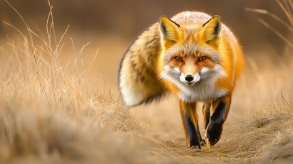 Naklejka premium Vibrant red fox walking through a golden grassy field at sunset