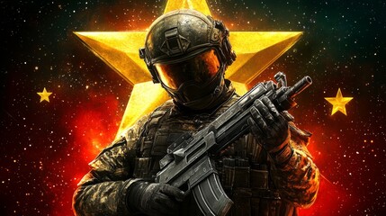 Fototapeta premium Soldier in Camouflage Holding Rifle with Golden Star Background