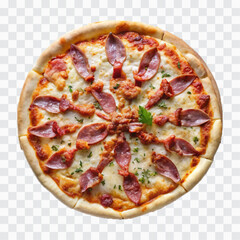 delicious pizza with ham and bacon slices, mozzarella cubes, tomatoes, bell pepper png design 