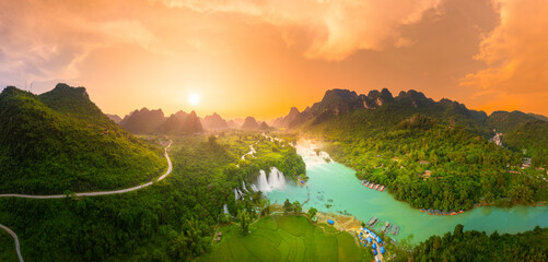 Aerial view of Ban Gioc Detian waterfall in Vietnam China border. The most beautiful and largest waterfall in Southeast Asia.