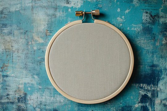An embroidery hoop with unstitched fabric ready for creative crafting on a blue abstract textured background. Generative AI
