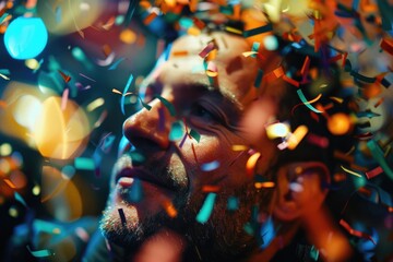 A man celebrates with confetti, perfect for party or celebration scenes