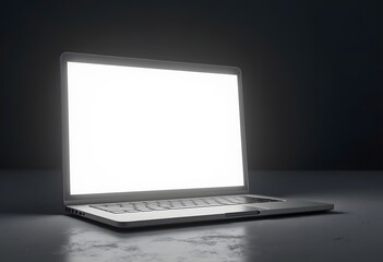 Laptop with blank screen isolated on black background, white aluminium body. Whole in focus. High detailed. 3d illustration.
